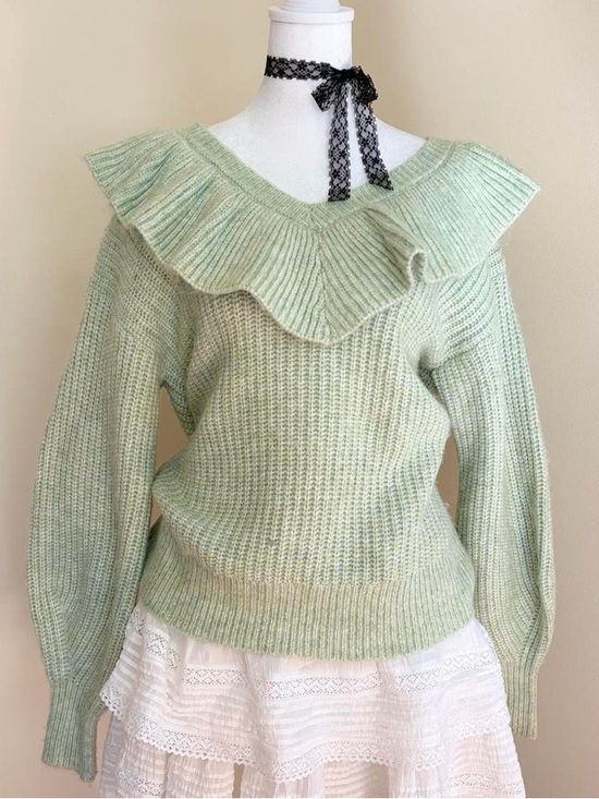 a new day Sweaters - Coquette lolita ruffle babydoll collar balloon sleeve knit sweater green Japan M